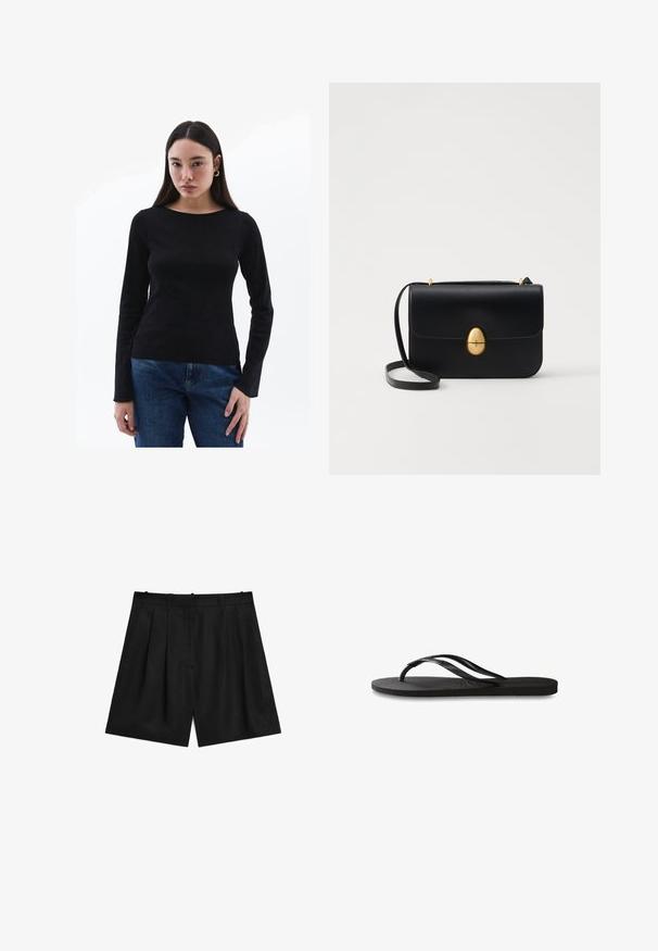 Schwarzes Langarmshirt mit Rundhalsausschnitt, enganliegender Passform und glatter Textur. Kombiniert mit blauen Jeans. Keine auffälligen Muster oder Hardware.; Schwarze maßgeschneiderte Shorts aus einem glatten, leichten Stoff. Verfügt über Falten, zwei Seitentaschen und ein sauberes Taillendesign.; Schwarze Flip-Flops mit einer strukturierten Gummisohle, zwei schlanken Riemen und einem dezenten, geprägten Logo-Detail auf dem Riemen.; Schwarze Lederhandtasche mit strukturierter rechteckiger Form. Verfügt über einen goldenen ovalen Verschluss und einen dünnen Schulterriemen. Glatte Textur.