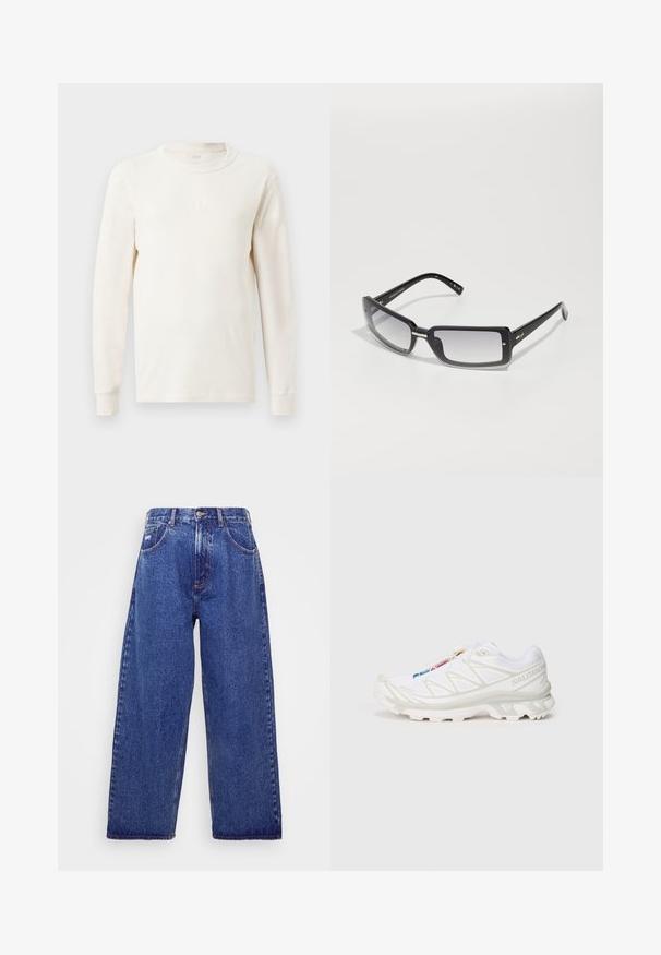 Langermet, ribbestrikket topp i off-white med rund hals. Har et subtilt "GAP"-logo på brystet. Myk tekstur og tettsittende design.; Videben, blå denimjeans med høy midje, med fem lommer, knappelukking og subtile falmønstre for tekstur.; Hvite joggesko med teksturert mesh-overdel, reflekterende detaljer og dempet såle. Merkbar merkevarelogo på siden.; Svarte rektangulære solbriller med gradientlinser, med en tykk ramme og metallaksenter på armene. Jevn tekstur gjennom hele.
