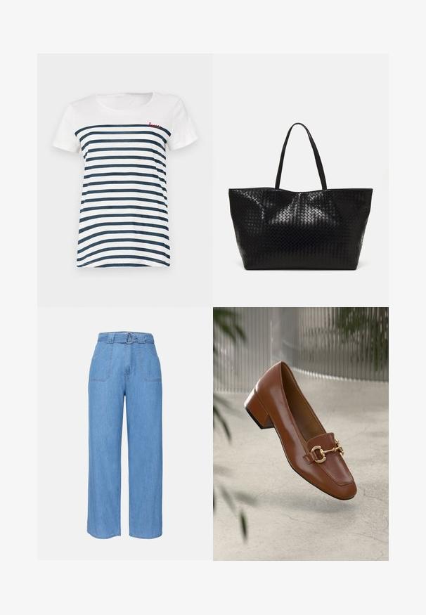 Tricou cu mânecă scurtă în dungi, alb și bleumarin. Dispune de un guler rotund și un brodat roșu cuvântul "love" în partea stângă sus. Material moale.; Pantaloni din denim albastru deschis, cu picioare largi, talie cu curea, două buzunare frontale și o textură simplă. Prezintă un design minimalist și linii curate.; Mocasini din piele patent cafenie, cu vârf pătrat, accent cu lanț metalic și toc mic; textură netedă, design minimalist.; Geantă de umăr țesută neagră, cu două mânere rezistente, având o textură lucioasă și un design deschis, spațios la partea superioară.