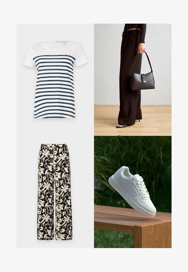 Gestreepte t-shirt met korte mouwen in wit en marineblauw. Heeft een ronde halslijn en een rode geborduurde "love" op de bovenste linkerkant. Zacht materiaal.; Zwarte wijde broek met een crèmekleurig bloemenpatroon. Gemaakt van lichtgewicht stof, met een zachte textuur en een hoge tailleband.; Witte sneaker met een gladde synthetische bovenkant, geperforeerde neus, platte veters en een gestructureerde zool, tentoongesteld op een houten oppervlak.; Zwarte handtas met gestructureerde vorm, gladde textuur en een metalen sluiting. Gecombineerd met brede zwarte broeken en sandalen met open teen op een houten vloer.