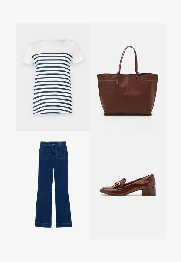 Striped short-sleeve t-shirt in white and navy. Features a round neckline and red embroidered "love" on the upper left side. Soft material.; Denim flared jeans in dark blue with a smooth texture, five-pocket design, and a button closure at the waist.; Brown leather loafers with a glossy finish, featuring a decorative gold buckle on the front and a low block heel. Classic design.; Brown leather tote bag with double handles, features contrast stitching and a spacious design, suitable for everyday use.