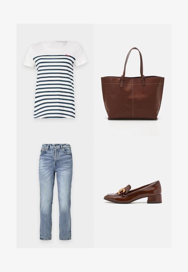Valkoinen ja laivastonsininen raidallinen lyhythihainen t-paita. Ominaisuuksiin kuuluu pyöreä kaulus ja punainen brodeerattu "rakkaus" vasemmassa yläkulmassa. Pehmeää materiaalia.; Vaaleansiniset farkut suoralla istuvuudella, korkea vyötärö, haalistunut pinta ja viisi taskua. Varustettu metallinapeilla ja vetoketjulla.; Ruske nahkasaapad läikiva viimistlusega, millel on ees dekoratiivne kuldne klamber ja madal plokkkonts. Klassikaline disain.; Ruskea nahkainen olkitasku, jossa on kaksinkertaiset kahvat, erottuva ommel ja tilava muotoilu, sopii jokapäiväiseen käyttöön.
