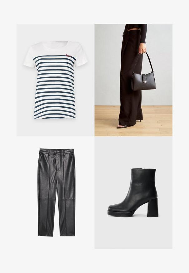 Stripet kortærmet t-shirt i hvid og marineblå. Har en rund halsudskæring og rød broderet "love" på den øverste venstre side. Blødt materiale.; Sorte læderbukser med en glat overflade, der har lige pasform, to forlommer og synlige sømdetaljer.; Sort læder ankelstøvle med blokhæl og platformssål, set fra siden på en ensfarvet hvid baggrund.; Sort håndtaske med struktureret form, glat overflade og metalspænde. Sammen med brede sorte bukser og sandaler med åben tå på trægulv.