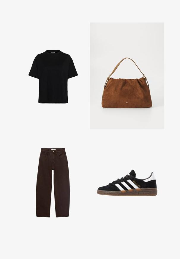 Zwarte T-shirt met korte mouwen van katoen, met een ronde hals, een losse pasvorm en zijsplitten aan de onderkant voor extra bewegingsvrijheid.; Bruine denim jeans met een relaxte pasvorm, voorzien van vijf zakken, riemlussen en een klassieke ritssluiting. Soepele structuur en recht pijpontwerp.; Zwarte Adidas sneaker met witte strepen, gouden "Spezial" tekst, gumzool en witte hieltab, weergegeven in zijaanzicht.; Bruine suède handtas met een geplooid ontwerp, voorzien van een enkele tan kleur leren schouderband en een subtiele gouden logo-detail aan de voorkant.