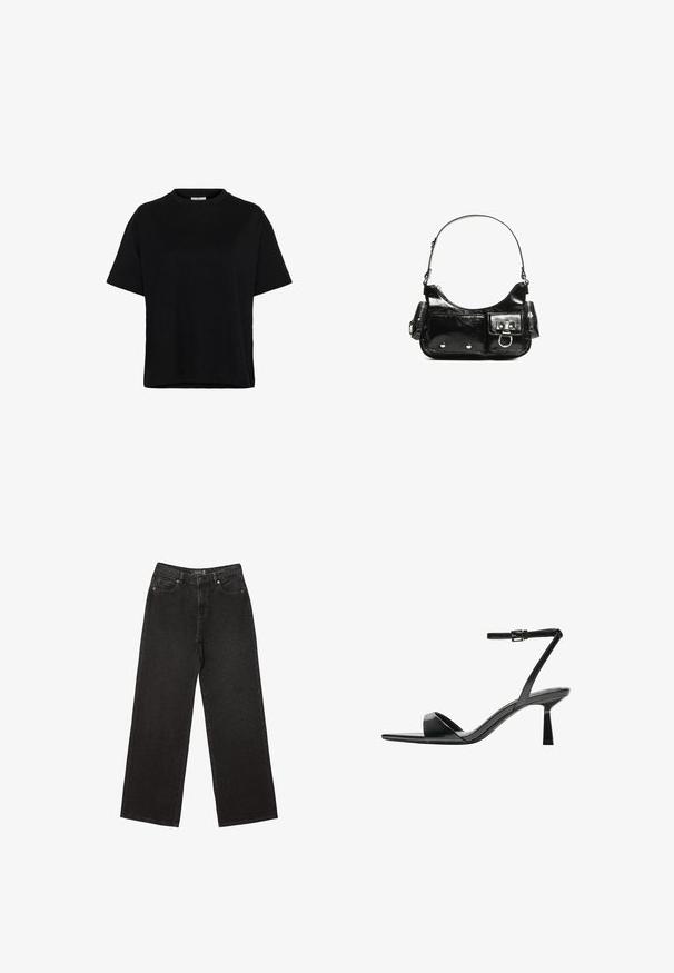 Black short-sleeve T-shirt made of cotton, featuring a crew neckline, relaxed fit, and side slits at the hem for added movement.; Black wide-leg jeans made of denim, featuring small dotted patterns, classic five-pocket design, and a button and zip fly closure.; Bershka High heeled sandals - black; Black patent leather handbag with a curved shape, one shoulder strap, front pockets, and silver-tone hardware accents.
