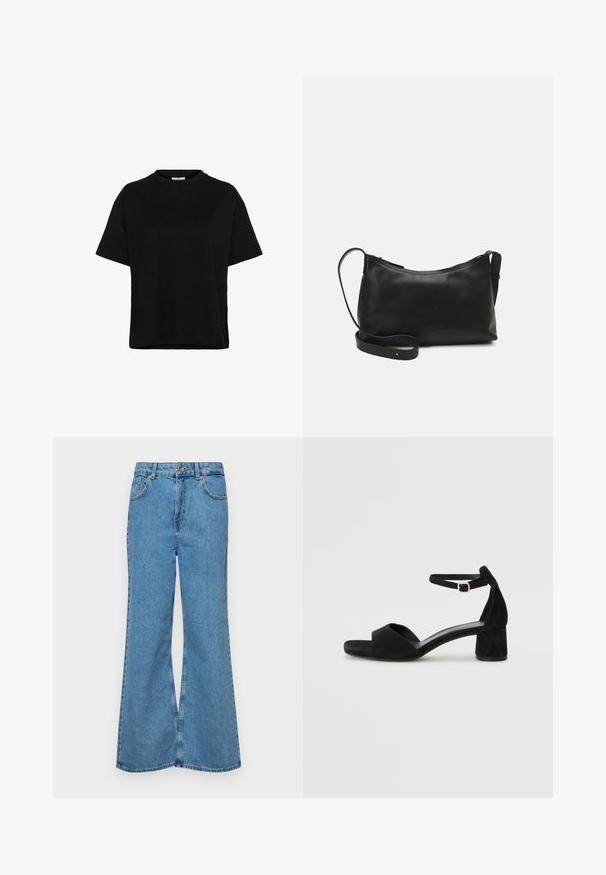 Zwarte T-shirt met korte mouwen van katoen, met een ronde hals, een losse pasvorm en zijsplitten aan de onderkant voor extra bewegingsvrijheid.; Lichtblauwe flared jeans van denim, met een hoge taille, vijf zakken en een enkele knoopsluiting. Zachte textuur met een vervaagde afwerking.; Zwarte suede hakken met een dunne enkelband, open teen ontwerp en een bescheiden blokhak. Zachte textuur en minimale accenten.; Zwarte leren schoudertas met een gladde textuur, gebogen vorm, verstelbare schouderband en een ritsafsluiting. Minimalistisch ontwerp zonder versieringen.