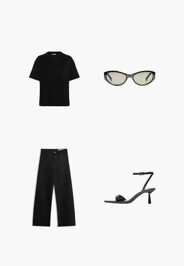 Tricou scurt, negru, din bumbac, cu guler rotund, croi lejer și slituri laterale la tiv pentru un plus de mobilitate.; Pantaloni din denim negri cu picioare largi, cu talie înaltă, având buzunare frontale și posterioare, cusături dublate și închidere cu nasture. Textură netedă.; Bershka Sandale cu toc - black; Ochelari de soare negri cu lentile de culoare gri. Rama din plastic are margini ascuțite și o finisare netedă, lucioasă.