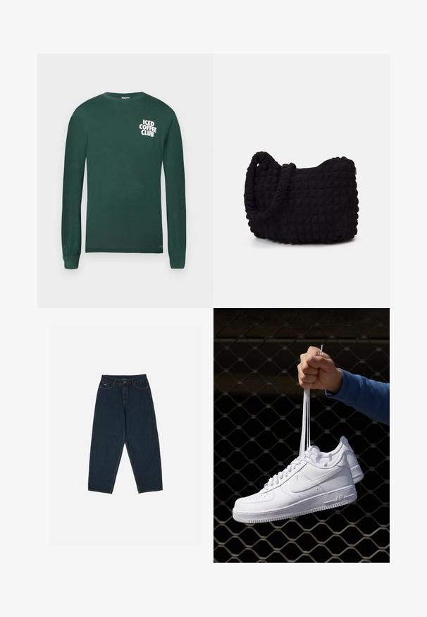 Langermet, mørkegrønn T-skjorte laget av bomull med et hvitt "ICED COFFEE CLUB"-trykk på venstre bryst.; Mørkeblå høytlivs jeans med avslappet passform, med fem lommer og knappelukking. Laget av denim med en glatt tekstur.; Hvite skinnsneakers med perforeringer, rund tå, flat såle og tykke lisser, med en synlig swoosh-logo og "AIR" på hælen.; Svarte tekstilveske med en strukturert, quiltet mønster. Rund form, korte, tykke håndtak og en myk, fleksibel struktur.