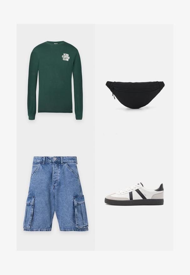 Donkergroene T-shirt met lange mouwen gemaakt van katoen, met een witte graphic "ICED COFFEE CLUB" op de linkerkant van de borst.; Blauwe denim cargoshorts met een hoge taille, meerdere cargozakken aan de zijkanten en een klassieke vijf-pocket stijl. Stonewashed textuur.; Witte sneaker met zwarte en grijze accenten, voorzien van een grijze neus met textuur, zwarte rubberen zool en platte witte veters. Schoon ontwerp, minimalistische stijl.; Zwarte stof heuptas met een afgeronde vorm, voorzak met rits en een gladde textuur. Geen zichtbare patronen of accenten. Lichtgewicht ontwerp.