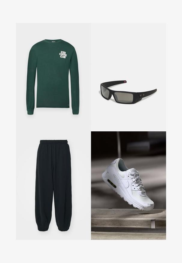 Tumši zaļš, garaiem piedurknēm T-krekls, izgatavots no kokvilnas, ar baltu grafiku "ICED COFFEE CLUB" kreisajā krūtī.; Melnas sporta bikses ar elastīgu jostasvietu, brīvu piegriezumu, aprocēm ap potītēm, gludu tekstūru, un bez redzamām rakstu vai aparatūras akcentiem.; Baltas Nike Air Max 90 sporta apavi ar sietu un ādas augšdaļu, caurspīdīgu pirksta daļu un redzamu gaisa vienību papēdī.; Melni saulesbrilles ar matētu apdari, taisnstūra lēcām, nedaudz izliektiem tempļiem, smalkiem logotipa elementiem un dūmu nokrāsas lēcām.