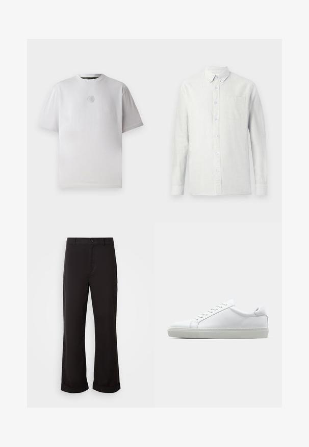 Bela kratka majica s kratkimi rokavi iz bombaža, ki ima subtilno embosirano hexagonalno logo na prsih, okrogli izrez in sproščen kroj.; Svetlo obarvana srajca z dolgimi rokavi, navpičnimi črtami, ovratnikom z gumbi in žepom na prsih. Tkanina se zdi teksturirana z mehakim zaključkom.; Črne hlače s ravnim krojem, narejene iz lahkega blaga. Imajo klasičen gumbasti zap Closure in zvite robove.; Bela športna obutev z gladkim usnjenim zgornjim delom in nizkim profilom. Ima zaokrožen nos, šest lukenj za vezalke in teksturiran gumijast podplat.