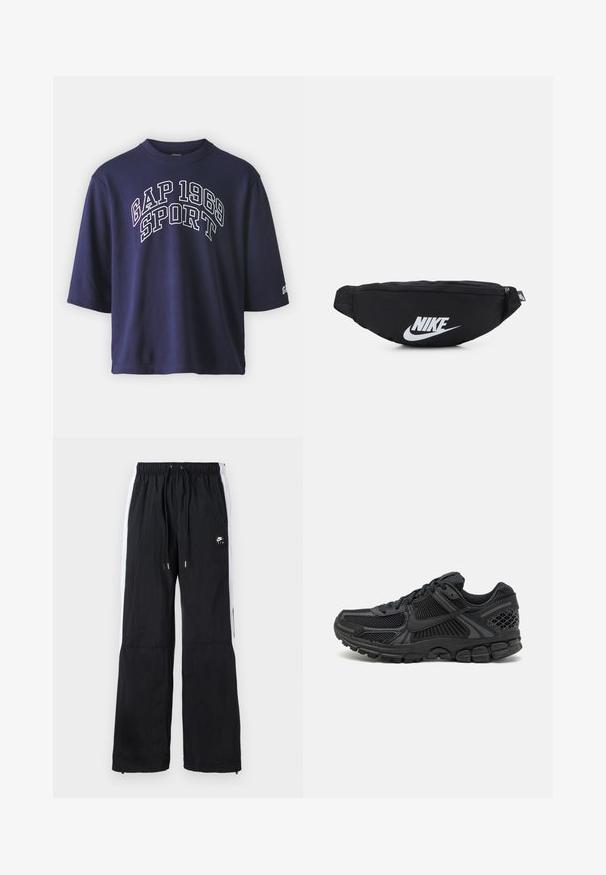 GAP FASHION LOGO CREW - Marškinėliai su spaudiniu - navy uniform; Juodi sportiniai kelnės su elastine juosta, baltomis šoninėmis juostelėmis, užtrauktukais ant apačios ir guminėmis logotipo detalėmis priekyje.; Juoda sportinė avalynė su tinklelio viršumi, guma padu ir tekstūruotomis detalėmis. Dizainas apima išryškintą raištelių sistemą ir paminkštintą padą.; Juodas nertinis fanny pack'as su užtrauktuku, su dideliu baltu "Nike" logotipu. Lygus paviršius ir ergonomiškas dizainas patogiam nešimui.