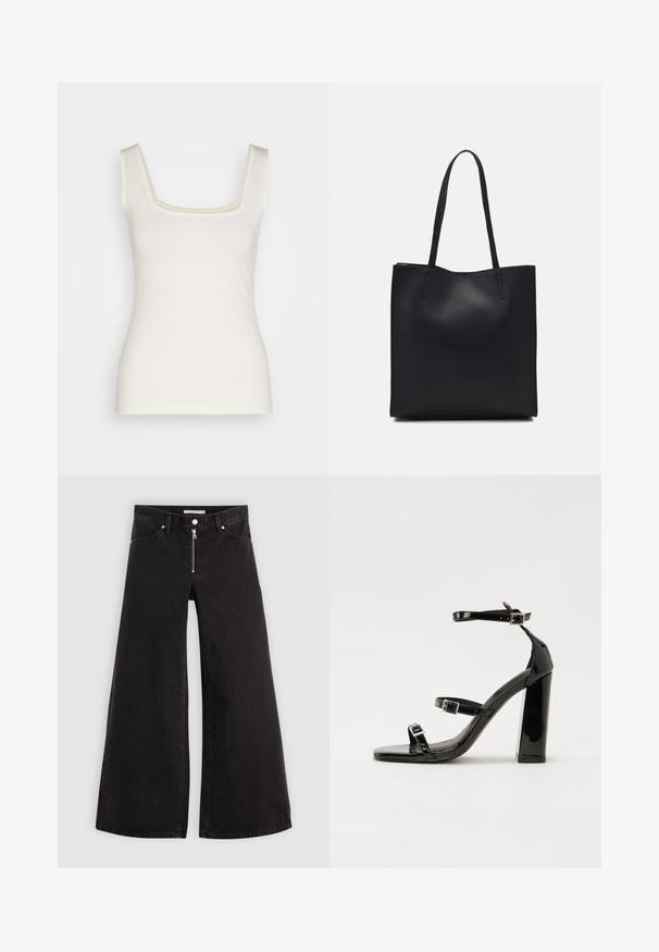 Kremfarget tanktop med firkantet hals, smale stropper og tettsittende silhuett. Laget av myk, elastisk stoff. Ingen mønstre eller detaljer.; Vide benbukser i sort denim med glidelås i front, fem-lomme design og subtile sømdetaljer. Glatt tekstur og avslappet stil.; Svart høyglans sandaler med hæl, firkantet tå, ankelremmer og sølvspenner. Har en kraftig blokkhæl for stabilitet.; Svart lær tote bag med glatt tekstur, rektangulær form og to lange håndtak. Ingen synlige deler eller dekorasjoner.