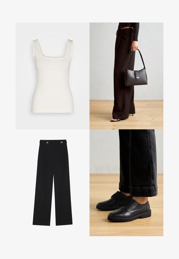 Crémová tielko so štvorcovým výstrihom, úzkymi ramienkami a priliehavým strihom. Vyrobené z mäkkého, elastického materiálu. Bez vzorov alebo doplnkov.; Čierne široké nohavice s vysokým pásom, so zapínaním na gombíky na páse a prednými sklady.; Čierne kožené šnurovacie topánky s hladkým povrchom, zaoblenou špičkou a hrubou gumovou podrážkou, skombinované s skrátenými tmavými džinami.; Čierna kabelka so štruktúrovaným tvarom, hladkou textúrou a kovovou sponou. V kombinácii so širokými čiernymi nohavicami a sandálmi s otvorenou špičkou na drevenej podlahe.