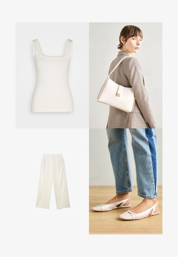 Krémový top na ramínka se čtvercovým výstřihem, úzkými ramínky a přiléhavým střihem. Vyroben z měkké, elastické látky. Bez vzorů nebo akcentů.; Široké kalhoty z krémové látky s hladkým povrchem, s jediným předním knoflíkem, jemnými skladbami a vysokým pasem.; Světle růžové slingback baleríny s špičatou špičkou, vyrobené z hladkého koženému materiálu. Obsahují vystřihovací detaily po stranách a plochý podpatek.; Bílá kožená kabelka se strukturálním designem, s magnetickým uzávěrem a ramenním popruhem, prezentovaná na neutrálním pozadí.