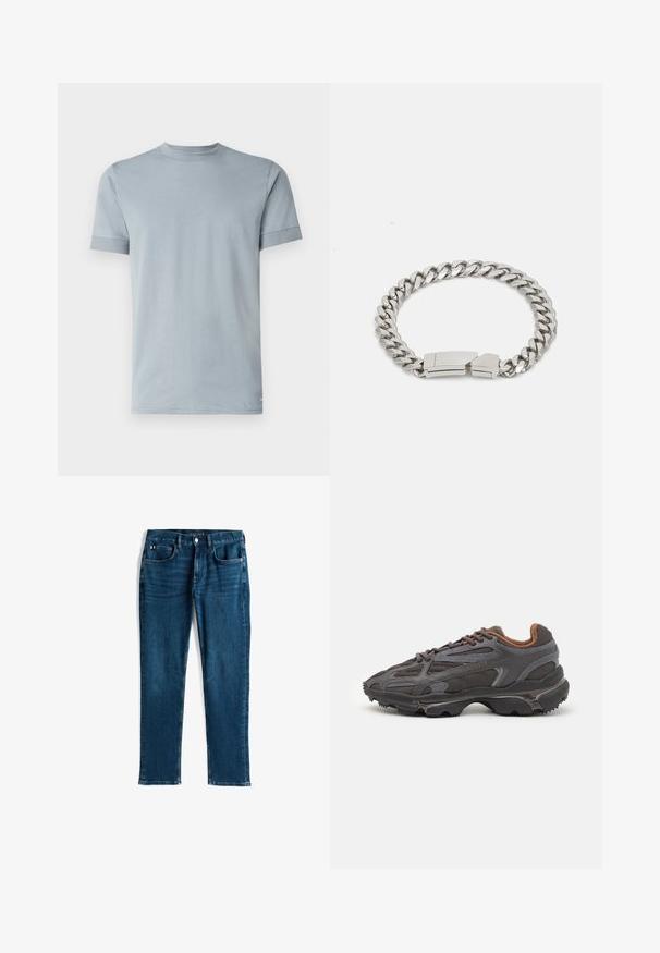 DRYKORN ANTON - Navadna majica - blau; Temno modri jeans, ravnega kroja, s petimi žepi, z diskretnim obrabljenim videzom in kontrastnim šivanjem, kovinsko dugovanje in zadrgo.; Lacoste teniske v temno sivi barvi z mrežasto in sintetično prevleko, s teksturiranim podplatom in rjavimi detajli na ovratniku ter blagovni znamki.; Calvin Klein ELECTRIC - Zapestnica - silver-coloured