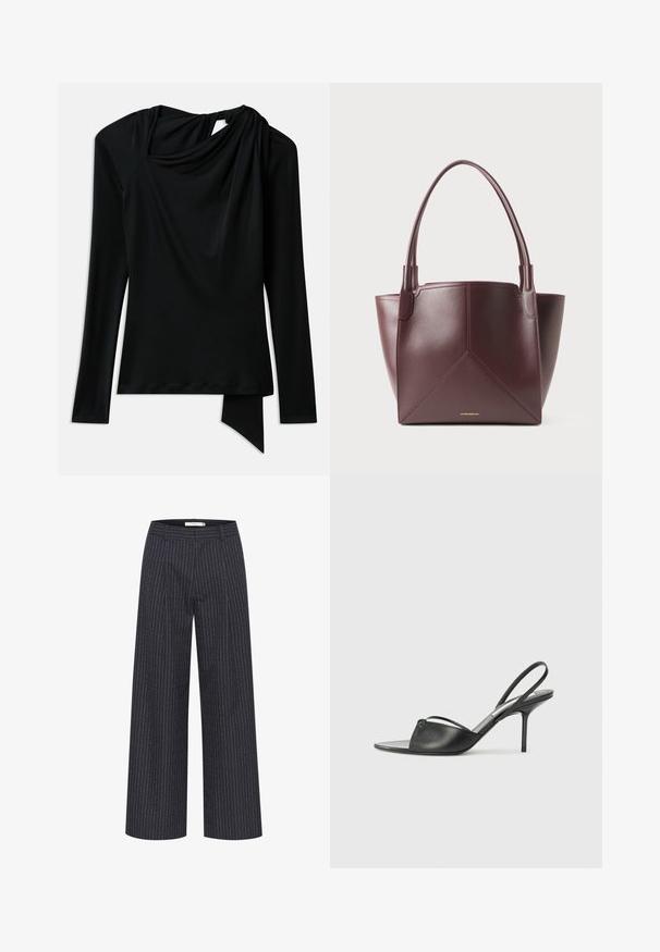 Hosszú ujjú fekete felső sima anyagból, drapírozott nyakkivágással, aszimmetrikus szegéllyel és kivágással a háton.; Sötét tengerészkék, vékony fehér csíkos, bő szárú nadrág. Feszített derékrésszel és sima textúrával rendelkezik, amely szabott megjelenést kölcsönöz.; Fekete bőr, hátsó pántos, hegyes orrú magassarkú cipők vékony bokapánttal és stiletto sarkukkal. Az orrban csomózott részlet található.; Sötétbarna bőr tote táska, két füllel és geometrikus panel varrással, az alján, középen elhelyezett, kis arany logóval.