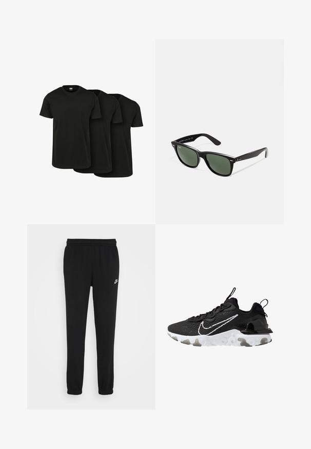 Kolme mustaa puuvillapaitaa, joissa on lyhyt hiha, pyöreä kaula-aukko ja sileä pinta, esitetty limittäin. Ei näkyviä kuvioita tai logoja.; Mustat collegehousut, joissa on elastinen vyötärö, resoreilla varustetut lahkeet ja pieni valkoinen Nike-logo vasemmalla puolella. Valmistettu pehmeästä teksturoidusta kankaasta.; Musta urheilujalkine, jossa on teksturoitu kangasosa, valkoinen Nike-yrityslogo ja paksu valkoinen pohja. Sisältää vetotarran kantapäässä helpompaa pukemista varten.; Mustat muoviset aurinkolasit, joissa on vihreät linssit, neliönmuotoiset kehykset, hopeinen yksityiskohta kulmakarvojen kohdalla sekä tekstuuriset temppeleiden varret. Brändi ilmoitettu sisävarsissa.