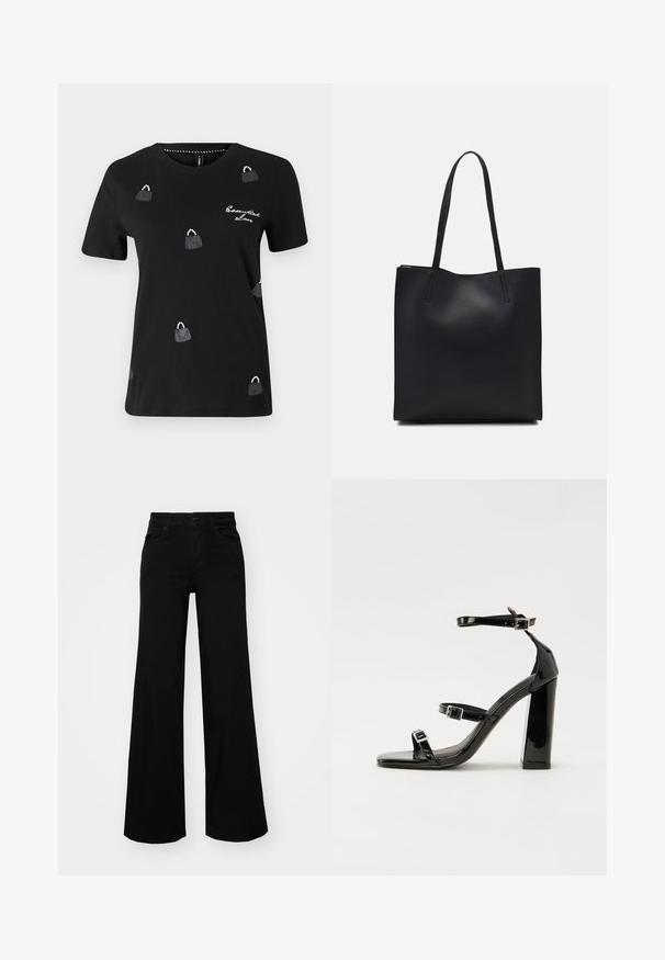 T-shirt preta em algodão com decote redondo, mangas curtas e desenhos de bolsas decoradas com lantejoulas espalhados.; Calças largas pretas em denim, com uma cintura estruturada, passantes para cinto e bolsos frontais. Textura suave com um design clássico.; Sandálias de tacão preto laqueadas com bico quadrado, tiras para o tornozelo e fivelas prateadas. Apresentam um salto bloco chunky para estabilidade.; Bolsa tote preta em couro com textura lisa, forma retangular e duas alças longas. Sem hardware ou enfeites visíveis.