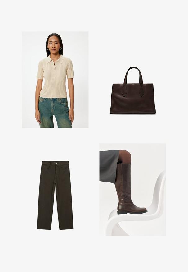 Beige geripptes Polo-Top mit einem umgelegten Kragen, kurzen Ärmeln und fünf Knöpfen. Tragen mit verblassten blauen Schlagjeans.; Dunkelgrüne Jeans im weit geschnittenen Style, hergestellt aus einem Baumwollgemisch. Sie verfügen über einen Frontknopfverschluss, fünf Taschen und klassische Denim-Nähte.; Braune Lederstiefel bis zum Knie mit abgerundeter Spitze, glatter Oberfläche und minimalen Nähten, vor einem hellen Hintergrund auf einem weißen Stuhl.; Braune Ledertasche mit zwei langen Griffen, strukturierte rechteckige Form, glatte Textur und dezente Nähdetails.