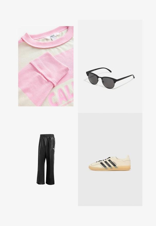 Kortærmet top med en cremet krop og lyserøde vandrette striber. Ribbet halsudskæring og manchetter, med et grafisk tryk i lys pink.; Sorte syntetiske træningsbukser med elastisk talje, prydet med hvide side-striber og et lille hvidt logo på venstre hofte.; Lys cremefarvet sneaker med sort tre-stribe-design, tekstureret overdel, rund tå og gummisål. Har snørebånd og branding på siden.; Sorte solbriller med runde linser, mat finish og karakteristisk katteøje-form. Slanke arme med subtil branding på venstre stel.