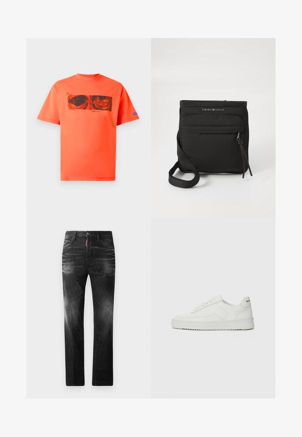 Īsām piedurknēm T-krekls košā oranžā kokvilnā ar melnu grafiku acīm uz priekšu, ar ribotām apkaklītes malām.; Melni džinsi no denima ar taisnu piegriezumu. Iespējas ietver izbalējušas vietas, nelielas nodiluma pazīmes, klasisko piecu kabatu dizainu un pogu aizdari.; Baltas ādas sneakers ar gludu virsmu, apaļu pirkstu daļu, plakaniem šņorēm un teksturētu zoli. Satur diskrētu logotipu uz papēža.; Melnā Emporio Armani krūšu soma ar priekšējo rāvējslēdzēju, regulējamu siksniņu un logotipa detaļu uz tekstūrēta auduma.