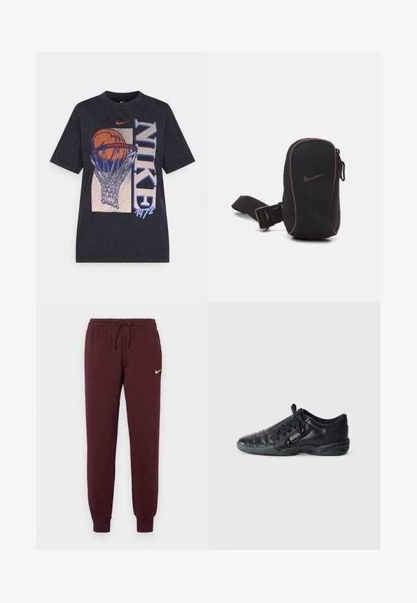 T-shirt de algodão preto com uma graphic de uma bola de basquete numa cesta, com o texto "NIKE" e "1972". Design de mangas curtas e gola redonda.; Calças de moletom cor vinho com cintura elástica e cordão. Apresentam punhos canelados e um pequeno logo branco da Nike na coxa esquerda. Textura suave.; Sapatilha atlética em couro preto com um design acolchoado, bico arredondado, atilhos frontais e sola de borracha. Apresenta uma marcação discreta na lateral.; Pochete preta da Nike com fecho de zip, tecido texturizado, detalhes em castanho e uma correia destacável. Apresenta um logótipo da Nike em destaque na parte da frente.