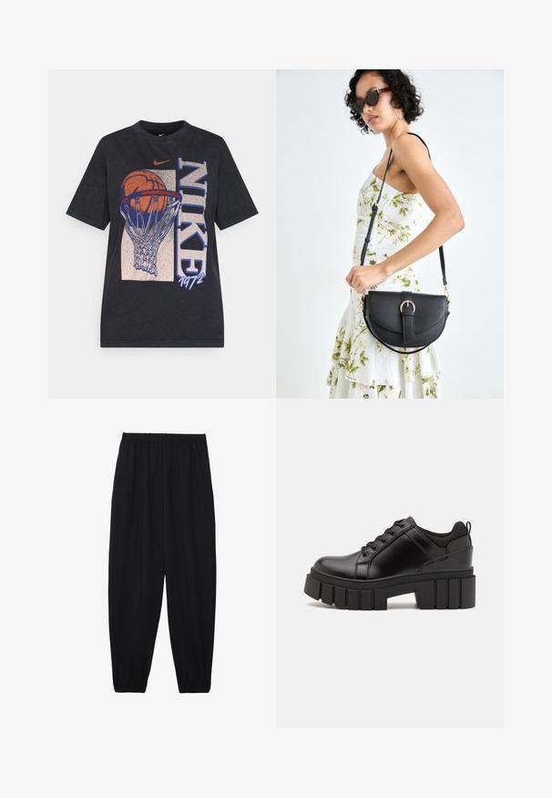 Crna pamučna majica s grafikom košarkaške lopte u obruču, s natpisima "NIKE" i "1972". Kraće rukave i dizajn s okruglim izrezom.; Crne, lagane hlače s elastičnom stražnjom pasicom i naboranim gležnjevima. Tkanina je glatka i ima opušteni, suženi dizajn.; Crne kožne platforme s debelim blok-peta, okruglim prstima i klasičnim dizajnom vezanja. Imaju gladak tekstur i minimalne detalje.; Crna kožna torba s lukovitim oblikom, odvojivim remenom i zlatnim detaljima. Torba ima preklop s kopčom.