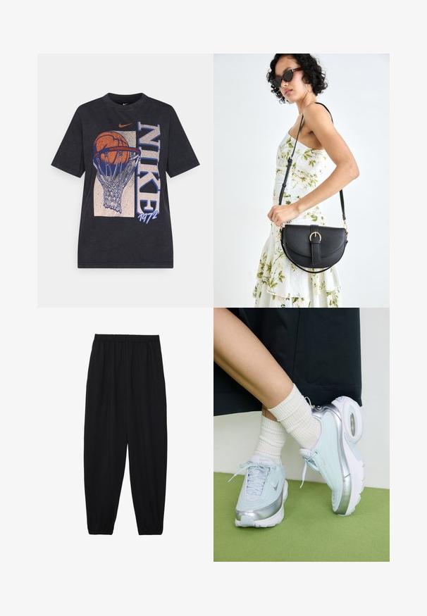 Tricou negru din bumbac, cu un grafic ce reprezintă o minge de baschet într-un coș, având textul "NIKE" și "1972". Design cu mâneci scurte și guler rotund.; Pantaloni negri, ușori, cu un brâu elastic și tivuri strânse. Materialul este neted și are un design relaxat, conic.; Tenisi bleu deschis cu accente argintii, suprastructură texturată, talpă căptușită și unitate de aer vizibilă. Asociati cu șosete albe cu dungi.; Geantă din piele neagră, cu o formă curbată, curea detașabilă și accesorii aurii. Geanta are un capac cu un detaliu tip cataramă.