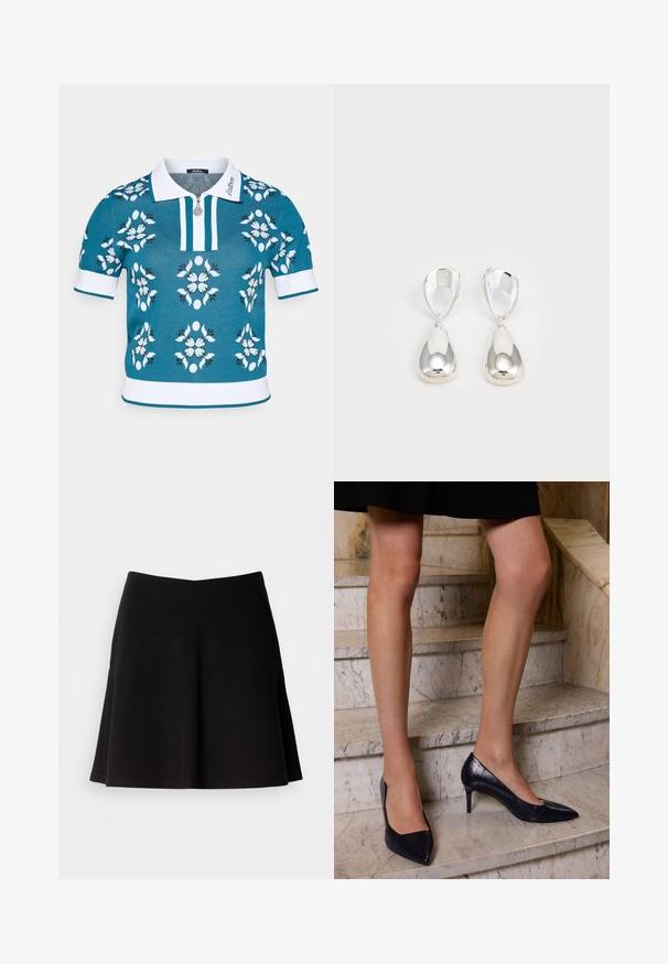 Teele kudumine polo särk valgete detailidega, esimesel lukul ja lillemustriga valge, helesinise ja musta värviga. Lühikesed varrukad ribiga äärega.; Vaaleansininen pitkähihaiseksi puseroksi, jossa on valkoisia pystysuoria raitoja, nappikaulus ja edessä nappikiinnitys; sileä kangas, jossa on jämäkkä muotoilu.; Mustassa leveässä hameessa on pehmeä kangas, jossa on muotoiltu vyötärö ja sauman yksityiskohtia. Sileä rakenne yksinkertaisella, klassisella muotoilulla.; Sotilas siniset korkokengät, joissa on terävä kärki, ja jotka on viimeistelty sileällä ja teksturoidulla pinnalla, joka muistuttaa krokotiilinnahkaa.; Hopeakuulet, joissa on sileä ja kiillotettu pinta. Muotoilu sisältää pisaramaisen muodon, jossa on toisiinsa liittyviä osia.