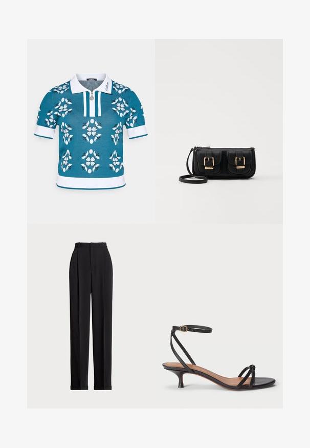 Teal gebreide polo-shirt met witte accenten, voorrits en een bloemenpatroon in het wit, lichtblauw en zwart. Korte mouwen met ribgebreide boorden.; Zwarte op maat gemaakte broek met een hoge taille, voorzien van plooien aan de voorkant, een recht gesneden ontwerp en een omslagrand. Gemaakt van een soepele stof.; Polo Ralph Lauren LEATHER KITTEN-HEEL SANDAL - Klassieke pumps - black; Zwarte leren schoudertas met twee vo pockets, gouden gespen, ritsluiting en een smalle band. Tekstuur oppervlak en compacte rechthoekige vorm.