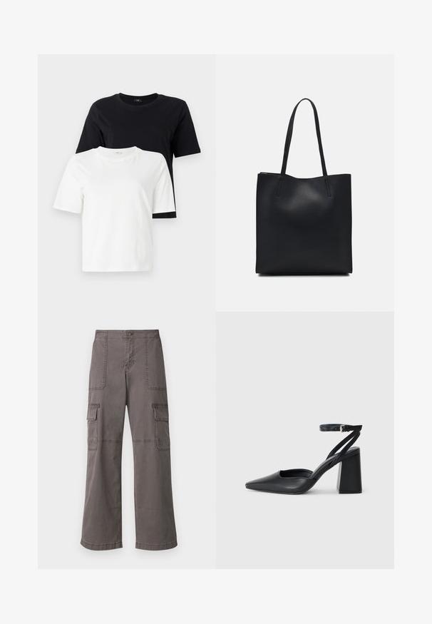 Mustvalge puuvillased T-särgid. Ümar kaelus, lühikesed varrukad, mugav lõige. Must särk on valge särgi kohal.; Hallitsev harjadest puuvillased cargo püksid laia jala disainiga, millel on kaks eesmist taskut, kaks külgtaskut ja nähtavad õmbluse detailid.; Mustmustest must-käigukingad, millel on konksuga nöör ja paks konts. Ühtlane tekstuur, stiilne disain ja minimalistlik esteetika.; Mustast nahast kott sujuva tekstuuriga, ristkülikukujuline ja kahe pika sangaga. Pole nähtavat riistvara ega kaunistusi.