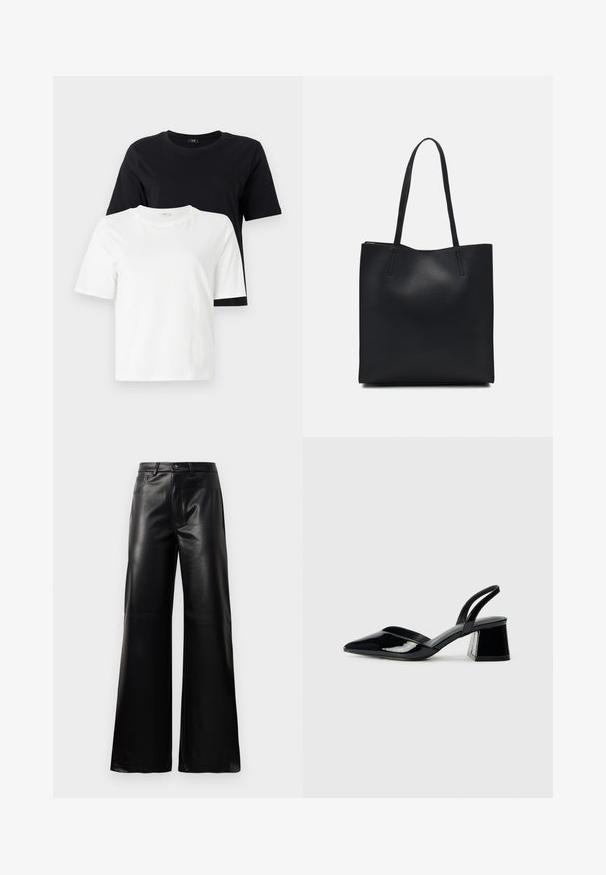 Tricouri din bumbac alb și negru. Guler rotund, mâneci scurte, croială lejeră. Tricoul negru este expus deasupra tricoului alb.; Pantaloni negri cu talie înaltă, largi, din piele sintetică, cu nasture frontal, închidere cu fermoar, bucle pentru centură și buzunare laterale pe fundal alb.; Pantofi cu toc slingback din piele lacuită neagră, cu vârf ascuțit și toc geometric. Prezintă un design elegant, minimalist și o textură netedă.; Geantă tote neagră din piele, cu textură netedă, formă rectangulară și două mânere lungi. Fără hardware vizibil sau ornamente.