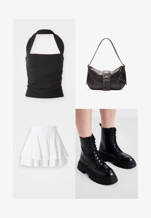 Melnā halter top no elastīgas auduma. Iekļauj savītas sānu detaļas un cietu, bezšuvju dizainu ar platām kakla siksnām.; Balta, slāņota svārku izstrādājums no viegla auduma ar acs rakstu un krokotu malu. Iekļauts elastīgs jostasvieta komfortam.; Melnas ādas potītes zābaki ar masīvu zoli, šņorēšanu priekšpusē un sānu rāvējslēdzēju; tiem ir gluda apdare un paaugstināta purngala daļa.; Brūna ādas plecu soma ar izliekta formu, kas izceļas ar izteiktu sprādzes detaļu, kontrastējošām šuvēm un vienu plecu siksnu.