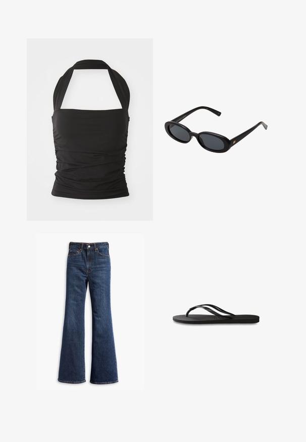 Black halter top made of stretchy fabric. Features gathered side detailing and a solid, seamless design with a wide neck strap.; High-waisted dark blue denim jeans with flared legs, front button and zipper closure, and five-pocket design.; Black flip-flop featuring a textured rubber sole, two slender straps, and a subtle, embossed logo detail on the strap.; Black oversized sunglasses with oval lenses, smooth plastic frame, and gold accents on temple. Dark lenses provide sun protection.; Black leather handbag with a structured rectangular shape. Features a golden oval clasp and a thin shoulder strap. Smooth texture.