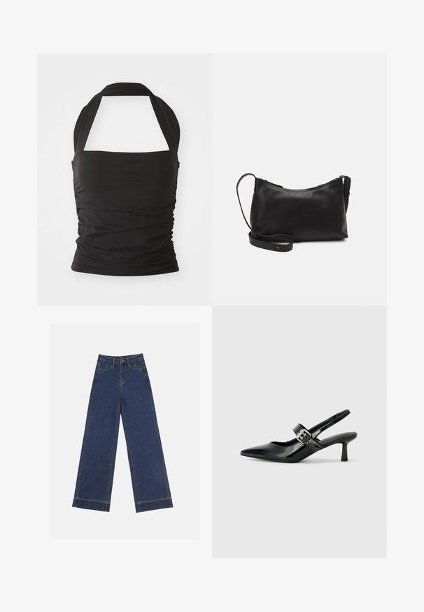 Black halter top made of stretchy fabric. Features gathered side detailing and a solid, seamless design with a wide neck strap.; Wide-leg jeans in dark blue denim. Features five pockets, belt loops, and a raw hem at the bottom with visible stitching details.; Black patent leather slingback heels with a pointed toe and a small block heel, featuring a silver buckle accent on the strap.; Black leather shoulder bag with a smooth texture, curved shape, adjustable strap, and a zip closure. Minimalist design without embellishments.