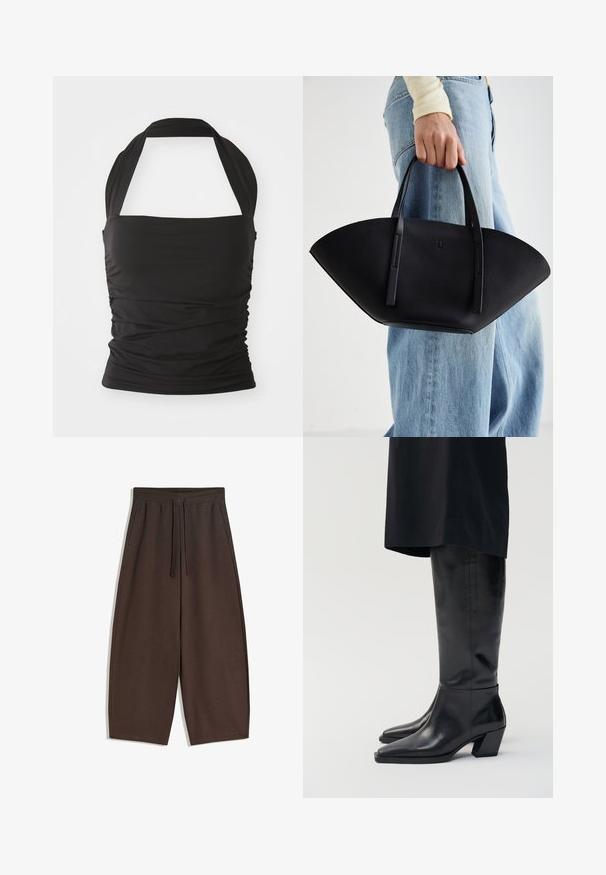 Top negru tip halter, fabricat dintr-un material elastic. Prezintă detalii pliate pe laterale și un design solid, fără cusături, având o curea lată la gât.; Pantaloni maro cu picior larg, dintr-un material moale, având talie elastică și șnur, cu textură netedă și design curat.; Cizme negre din piele până la genunchi, cu vârf ascuțit și toc pătrat, având o textură netedă și un design minimalist.; Geantă de piele neagră cu o formă unică de evantai, având mânere plate. Suprafața are o textură cu mici granule și un design minimalist.