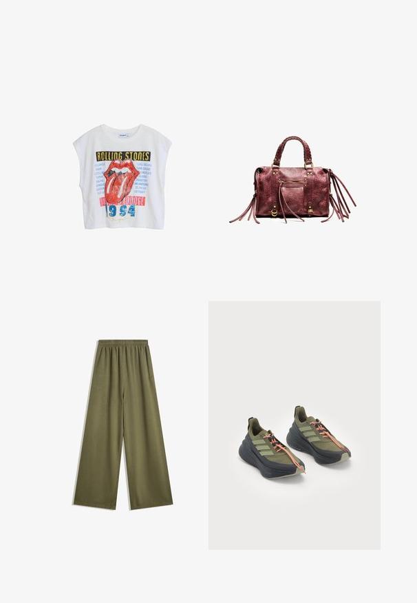 Witte cropped t-shirt met het graphic van de Rolling Stones, featuring rode lippen, stadsnamen en "1994" in het blauw, ontworpen met een relaxte pasvorm en kapmouwen.; Olijfgroene wijde broek met een elastische tailleband, gemaakt van zachte stof. Kenmerkt zich door een gladde textuur en op maat gemaakte naden voor een nette afwerking.; Olijfgroene sport schoenen met zwarte accenten, dikke zolen en oranje veters. Bevat drie groene strepen aan de zijkant en een gestructureerde loopzool.; Bordeaux leren handtas met gevlochten handvatten, franjes en gouden hardware. Bevat een voorvak met rits en een textuur oppervlak.