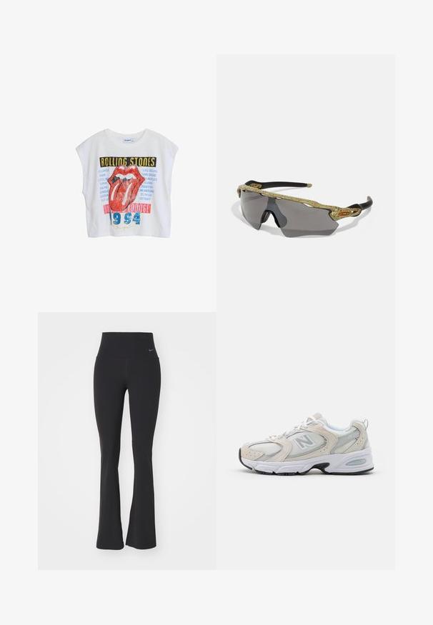 Biely skrátený tričko s grafikou Rolling Stones, obsahujúce červené pery, názvy miest a "1994" v modrej farbe, navrhnuté s uvoľneným strihom a kapucňovými rukávmi.; Čierne jogové nohavice s vysokým pásom, vyrobené z elastického materiálu. Majú rozšírený strih a malú Nike logo na páse.; Športová obuv s hornou časťou zo svetlošedého sieťového materiálu so semišovými akcentmi, bielymi šnúrkami a čiernou gumovou podrážkou. Výrazný detail odpruženia ABZORB.; Športové slnečné okuliare so zeleným vzorovaným rámom, čiernymi stranami a šedými šošovkami. Dizajn obsahuje okrúhly štýl s odvážnym, športovým tvarom.