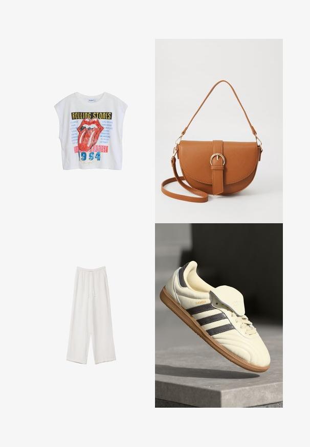 Bílý zkrácený tričko s potiskem Rolling Stones, obsahující červené rty, názvy měst a "1994" v modré barvě, navržené s volným střihem a krátkými rukávy.; Bílé široké kalhoty vyrobené z lehké tkaniny. Mají elastický pas se šňůrkou a boční kapsy. Hladká textura.; Krémové kožené tenisky se třemi tmavými pruhy, hnědou gumovou podrážkou a zaoblenou špičkou. Mají skládací jazyk s nápisem "SAMBA."; Hnědá kožená křížová taška s zakřiveným tvarem, zlatými detaily a akcentem s přezkou. Obsahuje odnímatelný popruh na rameno.