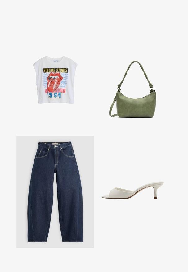 Vit kortärmad t-shirt med Rolling Stones-grafik, som har röda läppar, stadsnamn och "1994" i blått, designad med en avslappnad passform och korta ärmar.; Mörkblå denimjeans med en lös passform, ljusa sömmar, fem fickor och knappstängning vid midjan.; Vita öppna högklackade mules med en slät yta, minimalistisk design och en slank klack, med en subtil brun accent på sulan.; Grön läderhandväska med en slät yta, böjd form och flätad handtag. Har ett blixtlås som stängning och en justerbar rem.
