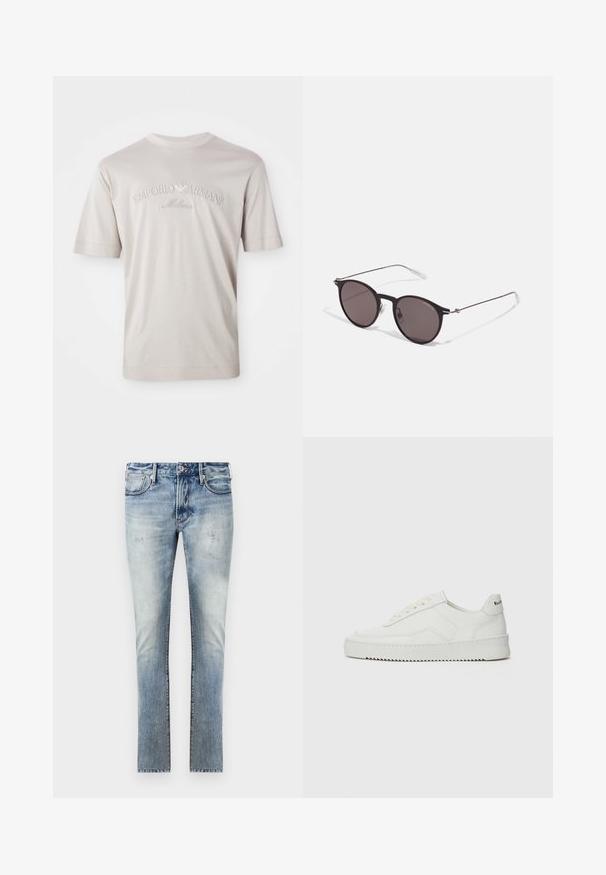 Lys beige kortermet T-skjorte laget av myk stoff, med brodert "Emporio Armani Milano"-logo i en litt mørkere nyanse.; Lys blå denim jeans med en falmet finish, slim fit-design, fem lommer og kontrasterende sømmer.; Hvite lærersneakers med en jevn overflate, rund tå, flate lisser og en teksturert såle. Har en subtil logo på hælen.; Sorte, runde solbriller med mørke linser og slanke metalarmer. Inkluderer klare temple tips og sølvfargede detaljer ved hengslet. Minimalistisk design.
