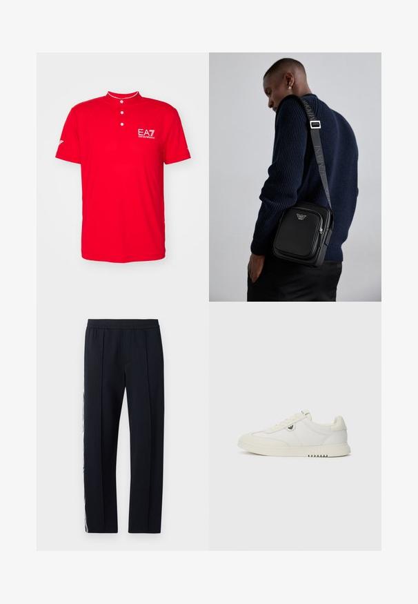 Červená polo košeľa s krátkym stojacím golierom, trojbuttonovým zapínaním a logom EA7 na hrudi. Vyrobená z hladkej, ľahkej tkaniny.; Čierne, zúžené nohavice s elastickým pásom, s dvoma bočnými vreckami a bielym pruhem prebiehajúcim po vonkajšej strane nohy. Hladká textura.; Nízke biele tenisky s šnurovaním vpredu, hladkou podrážkou a malým kovovým logom na boku, zobrazené na jednofarebnom pozadí.; Čierna kožená kabelka cez telo s uzatvárateľnou priehradkou, detailom loga a nastaviteľným popruhom s nápisom značky. Nosená proti textúrovanej námorníckej svetri.