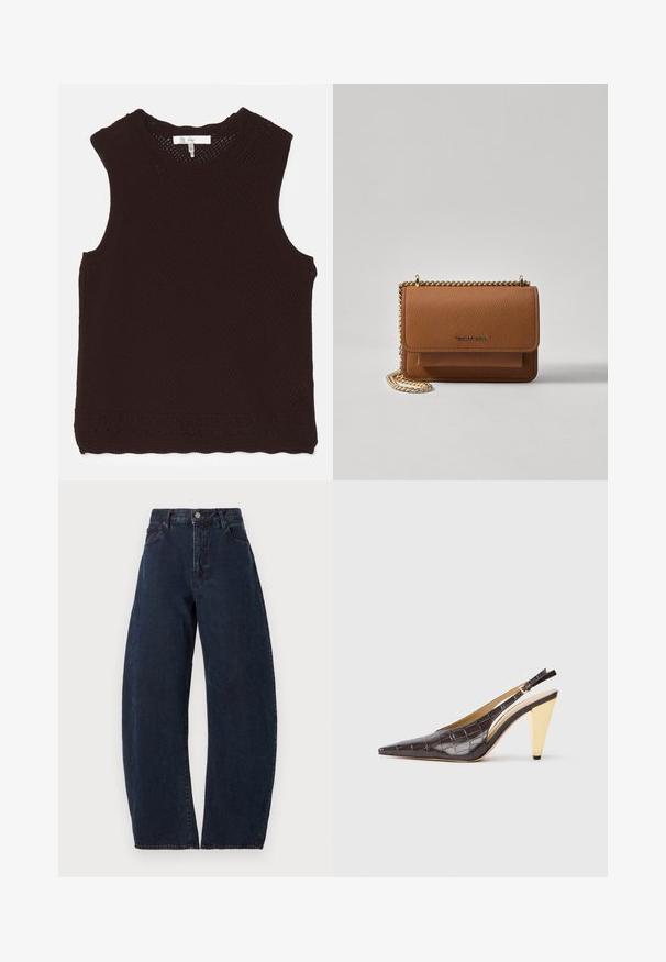 Braunes, ärmelloses Top mit einem strukturierten, offenen Strickdesign und einem gewellten Ausschnitt; verfügt über dekorative Nähte am Saum.; Hoch taillierte, weit geschnittene Jeans aus dunkelblauem Denim. Mit Knopfverschluss, fünf Taschen und subtiler Textur. Keine sichtbaren Muster oder Akzente.; Spitz zulaufender Slingback-Absatzschuh aus glänzendem, dunkelbraunem Kunstcrocodilleder. Verfügt über einen goldfarbenen geometrischen Absatz und einen verstellbaren Knöchelriemen.; Braune strukturierte Ledertasche mit goldener Kettenriemen und Klappenverschluss. Die Vorderseite zeigt ein Logo-Detail und eine Tasche unter der Klappe.
