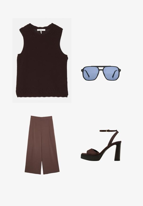 Braunes, ärmelloses Top mit einem strukturierten, offenen Strickdesign und einem gewellten Ausschnitt; verfügt über dekorative Nähte am Saum.; Braune Weite-Leg-Hosen mit einer glatten Textur, hoher Taille und Vorderfalten. Der Stoff ist leicht und fällt locker.; Braune Wildleder-Pumps mit offenem Zeh, verstellbarem Knöchelriemen und gestreiftem Plateausohlen.; Stradivarius RETRO - Sonnenbrille - light blue