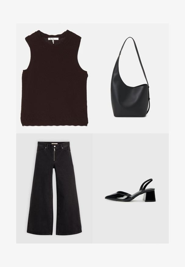 Pruun, seljataha avatud, kuid tekstiilse disainiga pluus, millel on laineline kaelus; servades on dekoratiivne tikand.; Laiad teksad mustast denimist, millel on lukuga eesmine osa, viie taskuga disain ja peened õmblusdetailid. Sile tekstuur ja juhuslik stiil.; Mustad musta lakknahk kingad, millel on terav varvas ja geomeetriline plokkkonts. Omab elegantselt minimalistlikku disaini ja sujuvat tekstuuri.; Mustast nahast hobo kott, millel on sile tekstuur, kumer kuju ja üks reguleeritav rihm; peal on lai avaus.