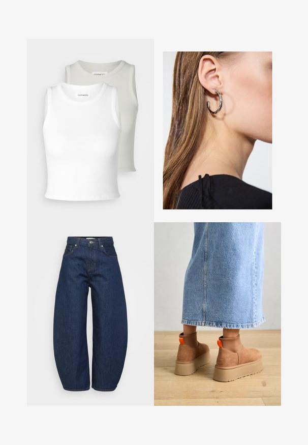 Even&Odd Petite 2 PACK - Top - off-white/beige; Tamne tamno tamno tamno tamno tamno tamno tamno tamno tamno tamno tamno tamno tamno tamno tamno tamno tamno tamno tamano tamno tamno tamno tamno tamno tamno tamno tamno; Smeđe suede platform čizme s elastičnim bočnim panelima i narančastim vučnim trakama, uparenim s suknjom od svijetlog denima do koljena na drvenom podu.; Srebrna kružna naušnica s poliranim završetkom, koja ima male zlatne detalje i okrugli oblik, nošena na uhu.