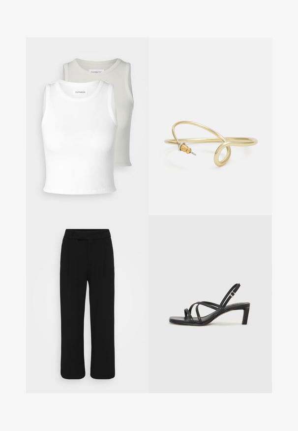 Even&Odd Petite 2 PACK - Top - off-white/beige; Černé kalhoty širokého střihu vyrobené z hladké látky, s plochým předním dílem, poutky na opasek a bez viditelných kapes. Čistý, módní design.; Černé sandály na tenkém podpatku se čtveratou špičkou a nízkým blokovým podpatkem. Mají několik tenkých popruhů a nastavitelné zapínání okolo kotníku. Vyrobeny z hladké kůže.; Zlatě zbarvený kovový náramek s plynulým, zakřiveným designem. Obsahuje malý, výrazný stříbrně zbarvený akcent na jednom konci.
