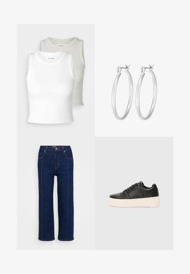 Even&Odd Petite - Top; Ciemnoniebieskie dżinsy o prostym kroju z zapięciem na guzik, przednimi i tylnymi kieszeniami oraz widocznym pomarańczowym nicią wzdłuż szwów.; Czarne skórzane sneakersy o gładkiej fakturze, z grubą kremową podeszwą, okrągłym noskiem i klasycznym sznurowanym zapięciem. Subtelne detale przeszycia.; Srebrne kolczyki w formie kółek o gładkim, polerowanym wykończeniu. O okrągłym kształcie i pewnym zapięciu na klik. Lekka konstrukcja odpowiednia do codziennego noszenia.