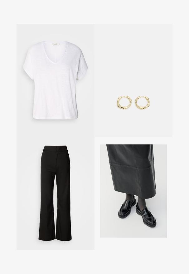 Valge V-kaelusega T-särk lühikeste varrukatega, valmistatud kergest kangast. Omab lõdvemat istuvust ja delikaatset tekstuuri kogu pinnal.; Mustad laiad püksid sujuva tekstuuriga, kõrge vöökoht ja puhas disain. Ei ole nähtavaid taskuid ega dekoreerimist.; Mustad nahast loafertossud sileda pinnaga, dekoratiivse rihma, ümarate varvaste ja tekstuuriga tallaga. Kanda pikkade mustade nahkseelikutega.; Kuldsete rõngaskõrvarõngaste tekstuuriga, ebakorrapärane kuju. Omab sujuvat lukustust ja poleeritud pinnatöötlust, rõhutades kaasaegset disaini.